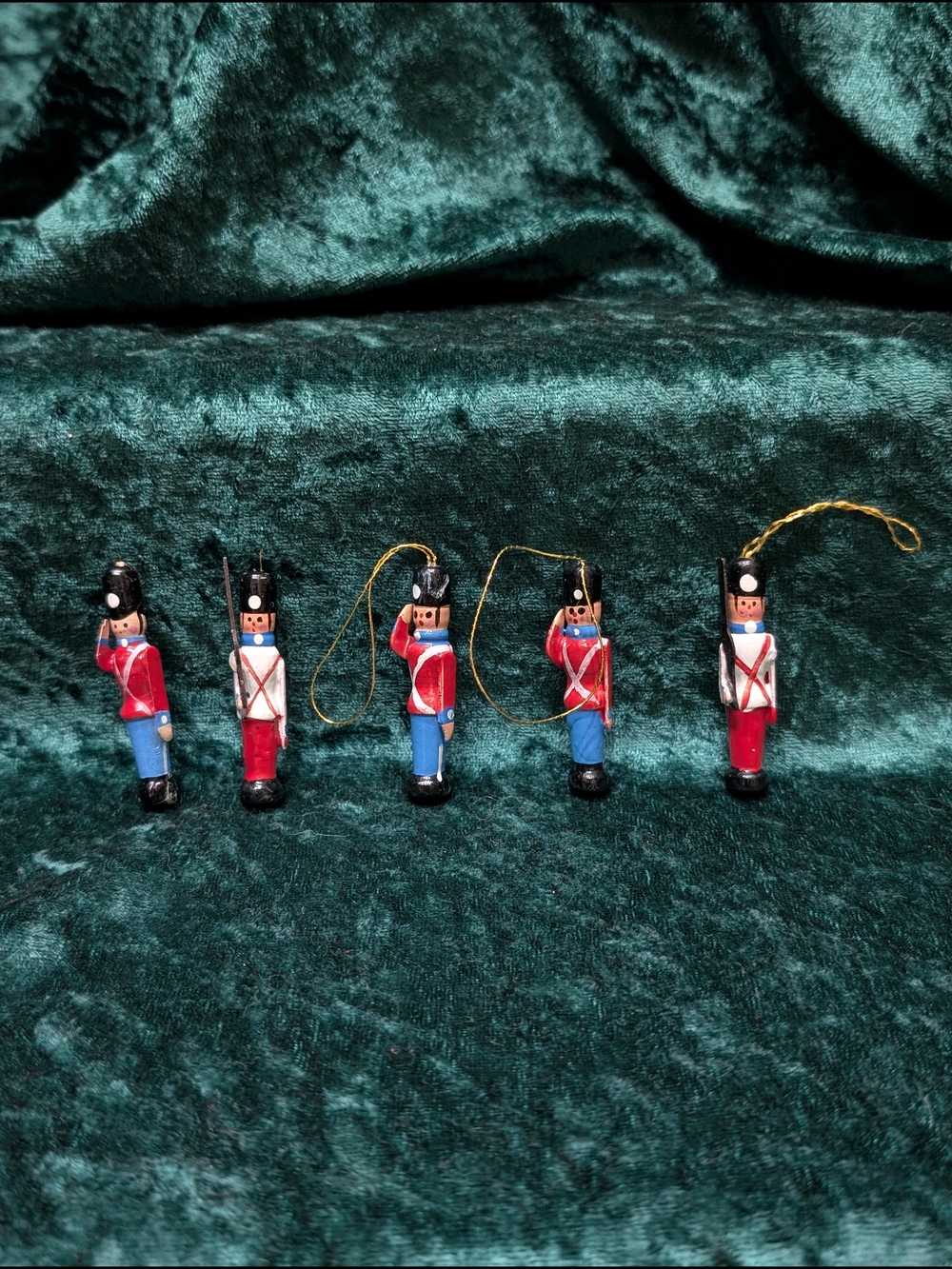 Set of 5 Wooden Toy Soldier Ornaments in Red, Blue and Black